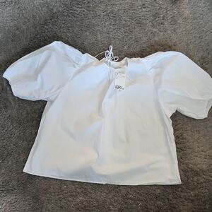 NWT H&M White Puff-Sleeve Tie Back Peasant Blouse Size L